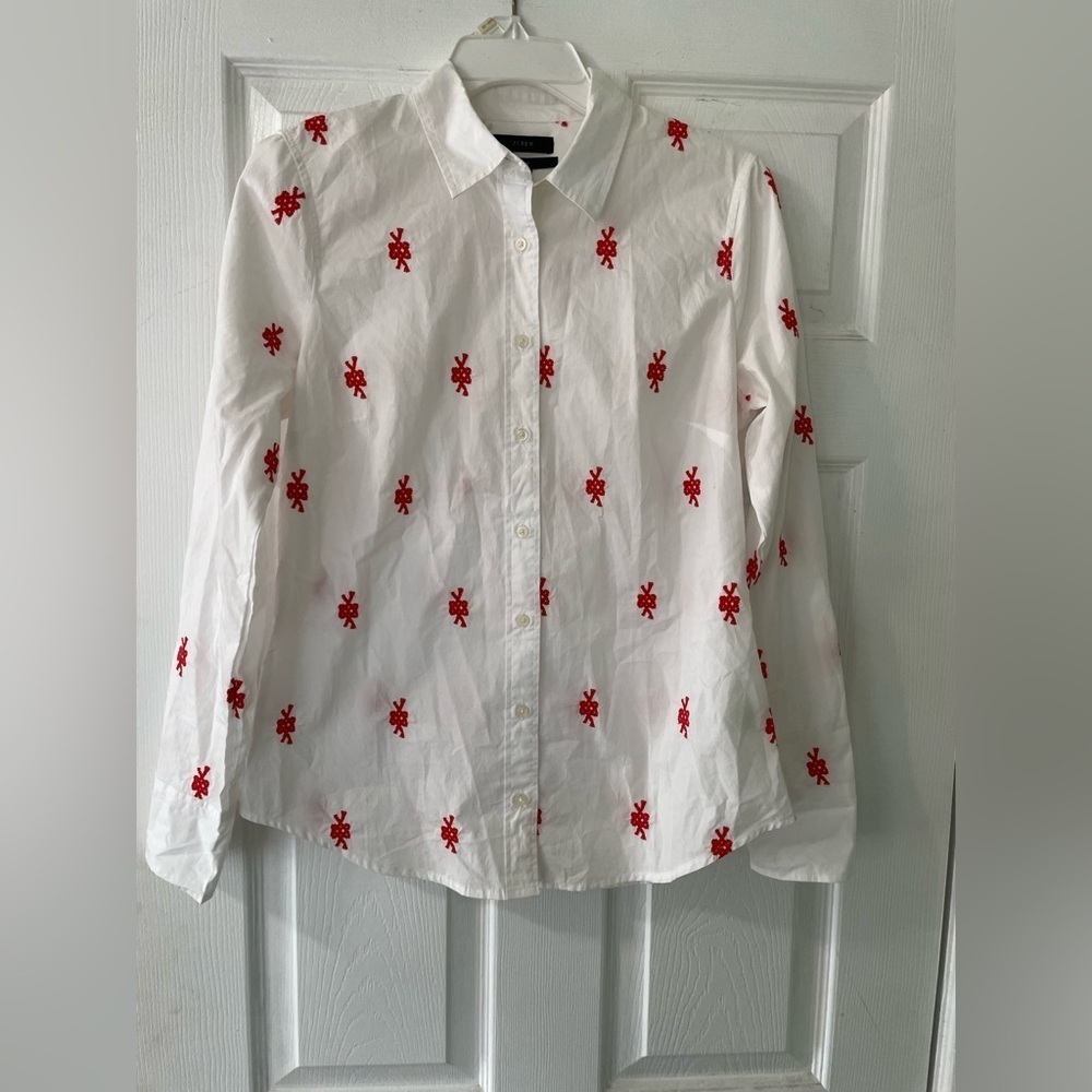 J Crew Cotton Poplin Slim Shirt With Red Knot Embroidery
